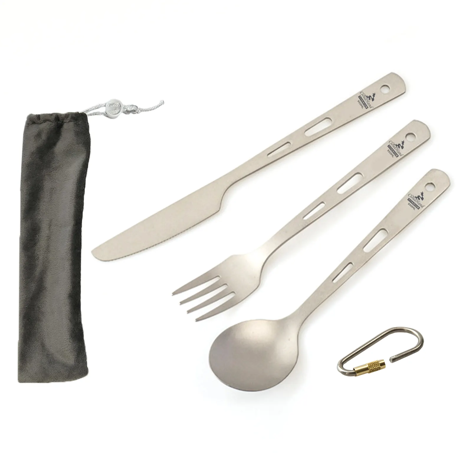 Thuận tiện cắm trại dao kéo tablewares tinh khiết Titanium Knife & Fork & Spoon Set với Carabiner