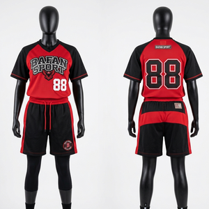 180 GSM Premium <b>Mesh</b> Jersey Short <b>Set</b> Red Black Panel Custom Tackle Twill Team Wear Women's <b>Sets</b> - Product Image 1
