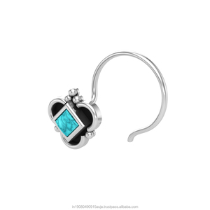 Pendiente de Nariz con Incrustaciones de Turquesa en Forma Cuadrada de Plata de Ley 925, Estilo Indio, para Mujeres y Niñas - Product Image 2
