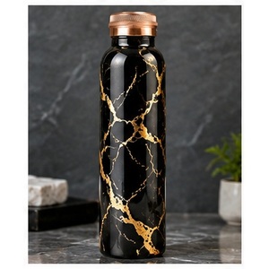 Minimalist Copper <b>Water</b> <b>Bottle</b> Red With Gold Floral Design Portable Travel <b>Thermos</b> - Product Image 2