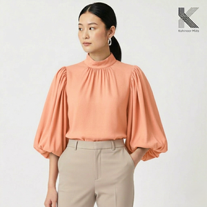 OEM Women Blouse 100% Lyocell Shirt 235 GSM Elegant Puff Sleeve <b>Mock</b> <b>Neck</b> Casual Lady <b>Top</b> - Product Image 2