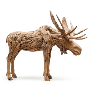 Handcrafted <b>wooden</b> moose bull head down sculpture <b>rustic</b> teak driftwood animal statue antlers floor decoration space unit layout - Product Image 1
