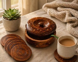 Premium Round Wood <b>Coaster</b> Set Vintage Wooden <b>Drink</b> Cup Mat with Storage Holder Box Durable Restaurant Cafe Bar Tableware - Product Image 2