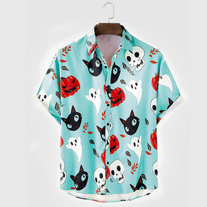 Camisa de manga corta con estampado de Halloween para hombre, informal, verde, con dibujos animados de calabaza, fantasma, murciélago, gato, con botones, para otoño - Product Image 2