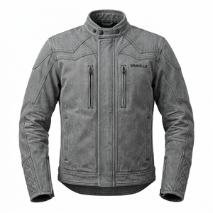 Chaqueta de motociclista para hombre, estilo Café Racer, de mezclilla gris lavada, vintage, con parches acolchados en los codos, cuello alto y cremallera. - Product Image 1