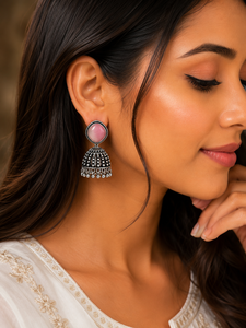 Pendientes Jhumka de Moda para Mujer, de Latón y Aleación de Zinc, Plateados Oxidados, con Imitación de Perlas - Product Image 2