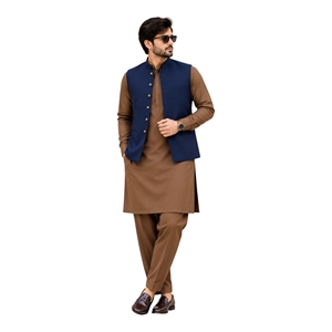 <b>Men</b> Traditional Brown <b>Kurta</b> Pajama With Navy Blue Vest Cotton Casual Wear Ankle-Length Regular Fit India Pakistan Style - Product Image 1