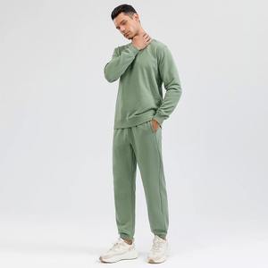 Chándal de Algodón Blanco para Hombre, Cuello Redondo, Manga Larga, Color Sólido, Corte Regular Informal, Cintura Elástica, Bolsillos Laterales, Ropa de Primavera - Product Image 2