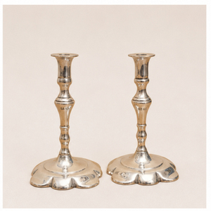 Exclusive <b>Silver</b> Metal Taper Candle Holder Set with Scalloped Base Vintage Style <b>Candlestick</b> Stand for Event Table Decor - Product Image 1
