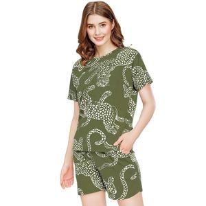 Trendy Stylish Green Animal Print <b>Lounge</b> <b>Set</b> Women's Short Sleeve Top and Shorts For Women Printed Co-ord Nightwear Outfit - Product Image 1