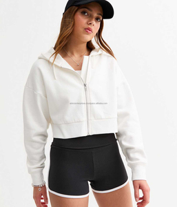 2026 Hot Sale Women's <b>White</b> Hooded With Front Zip-Up Cropped Sweatshirt Full Sleeve Solid Knitted Breathable Autumn Casual Wear - Product Image 1