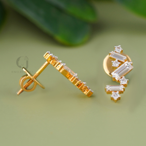 0.59ct Lab Grown Diamond Bar <b>Climber</b> <b>Earrings</b> 14K Gold Baguette/Round Cluster Asymmetrical Minimalist Daily Fine Jewelry - Product Image 4