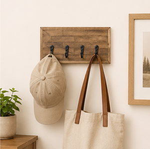Rustic <b>Wall</b> Mounted Wooden <b>Key</b> <b>Hooks</b> With 4 Heavy Duty Metal <b>Hooks</b> Decorative Farmhouse Entryway Organizer And <b>Key</b> Rack - Product Image 2