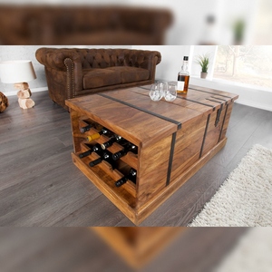 Table basse en bois moderne et durable VANDANA INTERNATIONAL avec rangement et porte-bouteilles, finition Sheesham marron, meubles de salon - Product Image 1