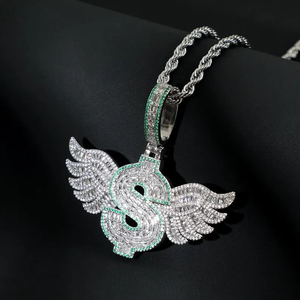 Unisex Hip Hop Dollar Sign Charm Necklace Wings Cubic Moissanite Claw Setting Rhodium Plated <b>Rope</b> <b>Chain</b> Custom Silver Jewelry - Product Image 1