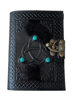 Cuadernos hechos a mano con nudo celta Trinity en relieve con 3 piedras cosido personalizado negro cuero genuino diario Deckle borde páginas