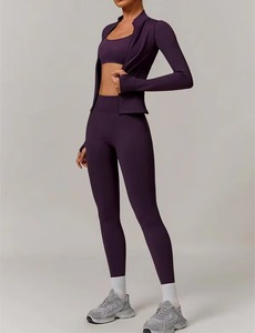 Wholesale Womens Seamless <b>Zipper</b> <b>Jacket</b> Top and Pants Set High Elasticity Yoga Running Sportswear Comfortable Gym Outfit - Product Image 2