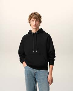 Sudadera con Capucha Negra para Hombre, Corte Holgado, Tejido de Algodón, Color Sólido, Estilo Casual de Verano, Diseño con Bolsillos, Colores Personalizables - Product Image 5
