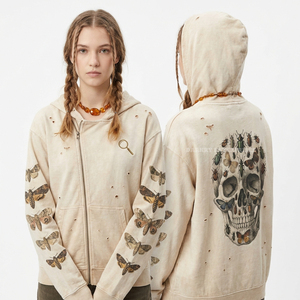 Mauve Pink Women Zip Up Hoodie Rose Embroidery Skull <b>Back</b> Graphic Vintage Washed Full Zipper Sweatshirt Aesthetic Streetwear - Product Image 4