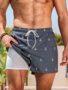 Shorts de Playa para Hombre, Secado Rápido, Estampado de Ancla, Cierre con Cordón, Cintura Media, Tejido de Poliéster - Product Image 1