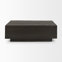 Table basse en bois de manguier massif, finition brute, surface lisse, forme carrée, style industriel moderne pour salon.