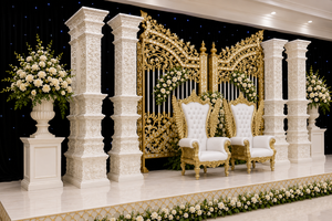 Luxury Bollywood <b>Wedding</b> Stage Setup with Gate <b>Frame</b> & Pillars Exclusive Roman Theme Fiber <b>Wedding</b> Reception Stage Australia - Product Image 2