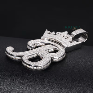 Pendentif en argent 925 plaqué rhodium pour homme, lettre B en forme de couronne avec incrustation de diamant rond cultivé en laboratoire, style hip-hop - Product Image 2