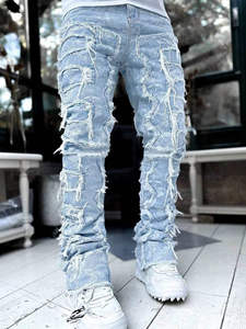 Jeans Skinny Homme OEM Style Motard Nouveau Design Déchiré Blanc Foncé Clair Délavé Coloré en Stock pour Dropshipping - Product Image 2