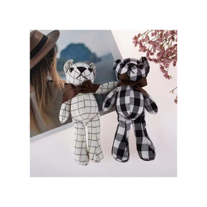 Plush Bear Keychain Black White Checkered Pattern <b>Soft</b> <b>Stuffed</b> <b>Toy</b> 3D Cartoon Shape Cute Pendant Decor - Product Image 1