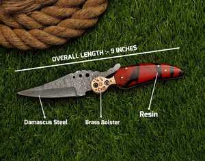 Cuchillo plegable de Damasco forjado a mano, cuchillo plegable para acampar, cuchillo plegable de acero de Damasco hecho a mano con mango de resina - Product Image 5