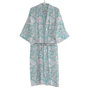 Hermoso bloque de mano impreso algodón orgánico Maxi Kimono vestido tamaño libre primavera Otoño Verano invierno bata de baño ropa de dormir - Product Image 1