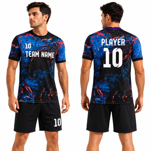 Ensemble de maillots de football pour hommes, noir, bleu, rouge, impression sublimée personnalisée, col rond, manches courtes, tissu respirant en polyester, pour adultes - Product Image 2