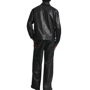 Veste en cuir noire pour homme, col rabattu, fermeture éclair, style workwear, manches classiques, couleur unie, vêtement d'automne - Product Image 2