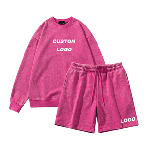Sudadera con Capucha y Pantalones Cortos Unisex de Algodón 100% Lavado al Ácido, Estilo Vintage, Casual de Verano, con Logotipo Personalizado - Product Image 3