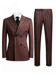 ACCEPT LUXE Men's <b>Red</b> Gray Striped Single Breasted Windproof <b>Suit</b> Set British Style Wool Polyester Blend Notched Collar Regular - Product Image 1