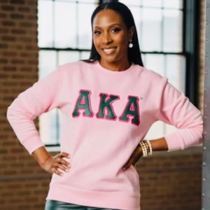<b>Pink</b> with Green Leather <b>Sweatshirt</b> for Women Crewneck Long Sleeve Pullover Contrast Applique Sorority Inspired Casual Fashion - Product Image 1