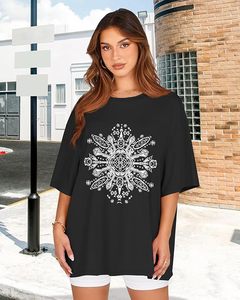 <b>Women's</b> Black Crew Neck <b>Short</b> <b>Sleeve</b> T-<b>Shirt</b> With <b>White</b> Mandala Print Loose Fit Casual Spring Summer Cotton Jersey Top - Product Image 3