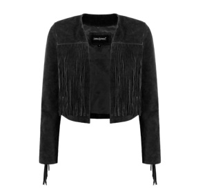 Premium Black Women Fringe <b>Suede</b> <b>Leather</b> <b>Jacket</b> Collarless Open Front Crop Length <b>Jacket</b> Sample And Customization Available - Product Image 1