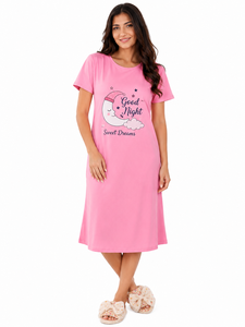 Camisón rosa de manga corta para mujer con estampado de luna, ropa de dormir de algodón suave, vestido de pijama informal de verano hasta la rodilla - Product Image 1