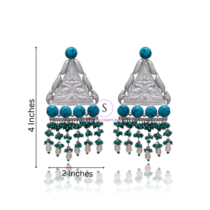 Nouvelle Arrivée 2026 Boucles d'oreilles Jhumkaa de créateur en argent oxydé, longues, triangulaires, avec pierres bleues, pour femmes et jeunes filles, pour mariage et fête - Product Image 3
