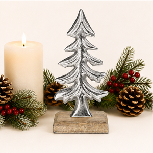 Modern Metal Christmas Tree Sculpture With Rustic Wooden Base Premium Silver Tabletop Holiday <b>Decoration</b> For Home And Office - Product Image 6