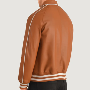 <b>Men's</b> Brown PU <b>Bomber</b> <b>Jacket</b> Turn-Down Collar Zipper Closure Casual Autumn Wear Regular Fit Solid Color Woven Shell - Product Image 4