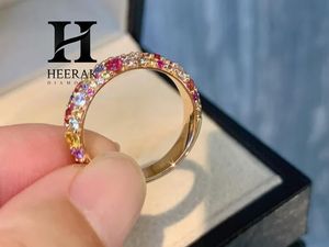 Luxury Rainbow Sapphire Pave Eternity Band 14K Gold Multi Color Gemstone <b>Dome</b> <b>Ring</b> Confetti Diamond Stacking Wedding Jewelry - Product Image 3