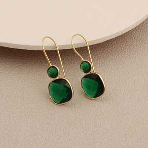 Wholesale Gold Plated Emerald Quartz Dangle <b>Earrings</b> Women Green Gemstone Double Drop <b>Hook</b> <b>Earrings</b> Fashion Jewelry Gift - Product Image 4