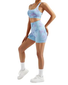Conjunto de Yoga Tie Dye de 2 Piezas, Top Corto de Cintura Alta y Pantalones Cortos, Ropa Deportiva sin Costuras para Mujer, Transpirable, Spandex, Poliéster - Product Image 1