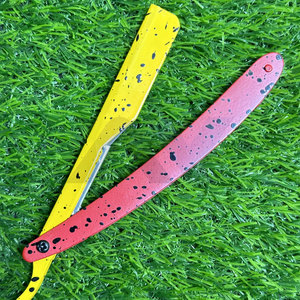 มีดโกนหนวดแบบเลื่อนล็อคสีเหลืองนีออนชมพู มีดโกนหนวดตรงแบบพับได้ มีดโกนตัดผมแบบพับได้ พร้อมโลโก้สำหรับร้านทำผม - Product Image 2