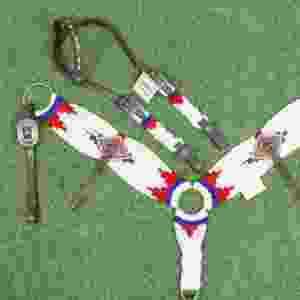 Juego de cabezada de mohair rojo, azul real y blanco, decorado con correa frontal a juego de 32 pulgadas con cuero argentino. - Product Image 3