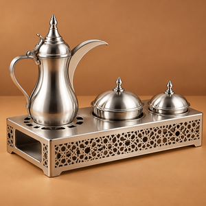 Juego de café árabe Dallah de lujo en plata con soporte decorativo para calentar, estilo de Oriente Medio, cafetera de metal, diseño duradero - Product Image 3