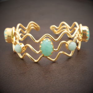 Fashion 18K Gold Plated Open <b>Cuff</b> Bangle with Natural Amazonite Stone | Wavy Design Adjustable Bangle Wholesale - Gift for her - Product Image 3