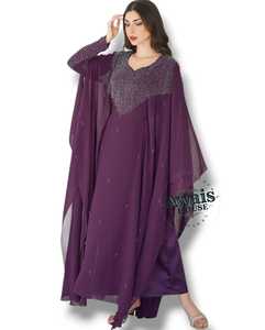 Awais House Purple Abaya Long Sleeve Floor Length Lightweight Modest Women's Solid Polyester <b>Kaftan</b> Daily Wear - Product Image 2